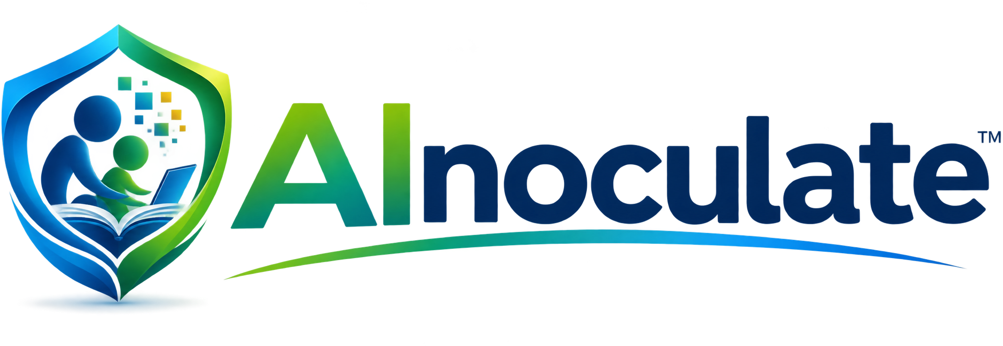 The AInoculate mark: a shield enclosing an adult and a child reading together
                over an open book, beside the AInoculate wordmark in green and blue.