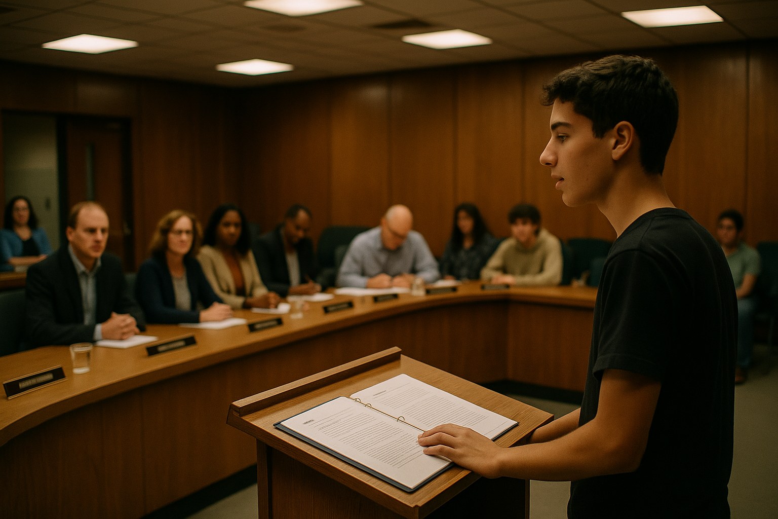 A student presenting a drafted AI policy from a lectern to five attentive school board members.
