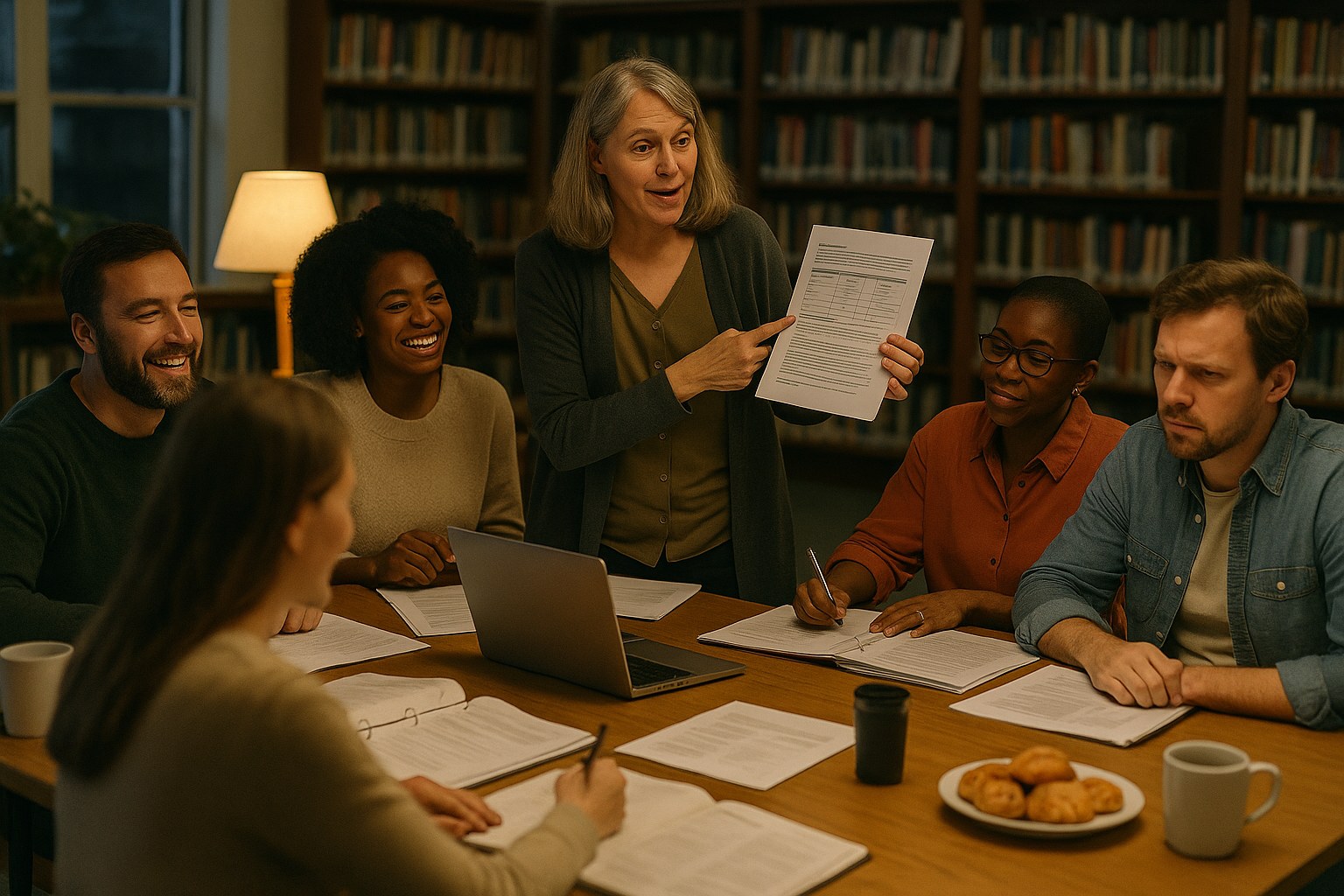 Six teachers around a table of printed curriculum drafts in a school library, one standing mid-explanation.