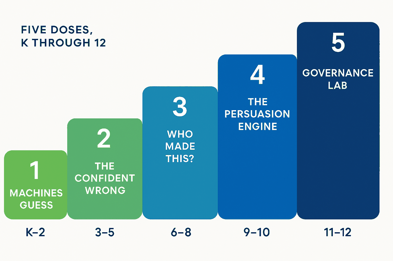 A five-step ascending staircase labelled Machines Guess for grades K to 2, The Confident Wrong for 3 to 5, Who Made This for 6 to 8, The Persuasion Engine for 9 to 10, and Governance Lab for 11 to 12, shifting from green to deep blue as it rises.